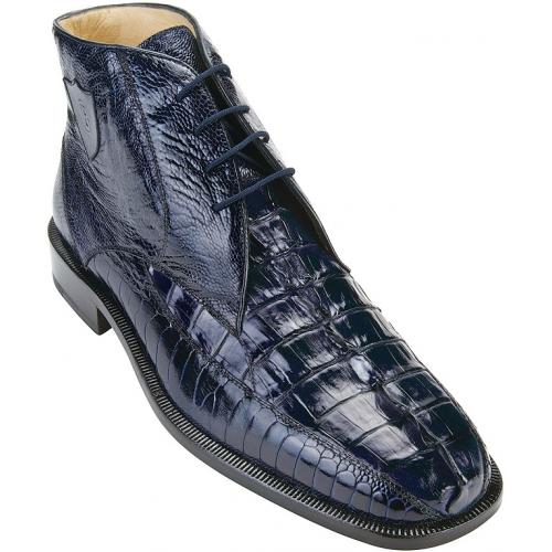 Belvedere "Rico" Navy Genuine Ostrich and Hornback Crocodile Ankle Boots With Crocodile Tail.